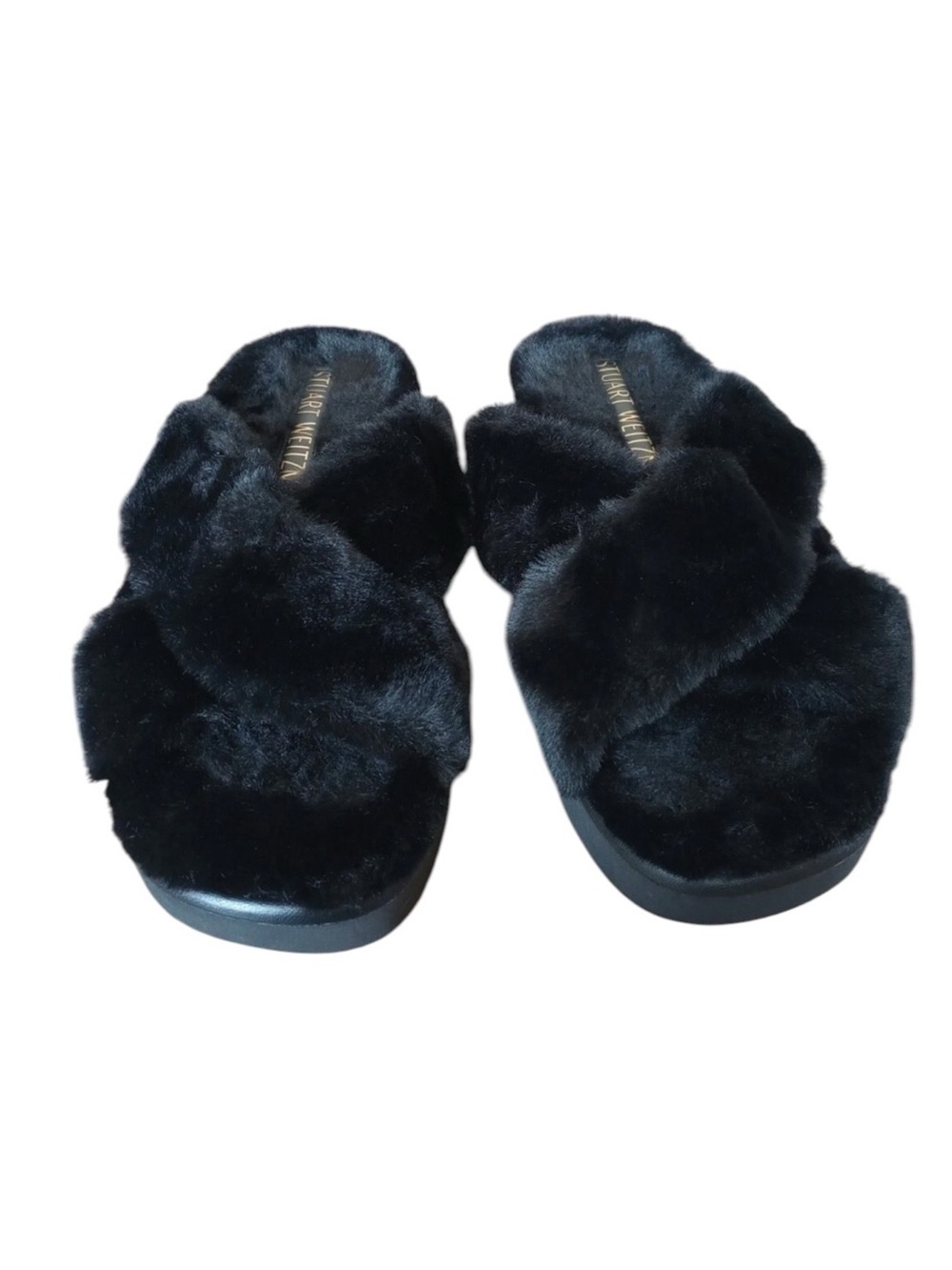 Stuart Weitzman Roza Lift Faux Fur Slide Sandals Black Comfort Designer Size 7